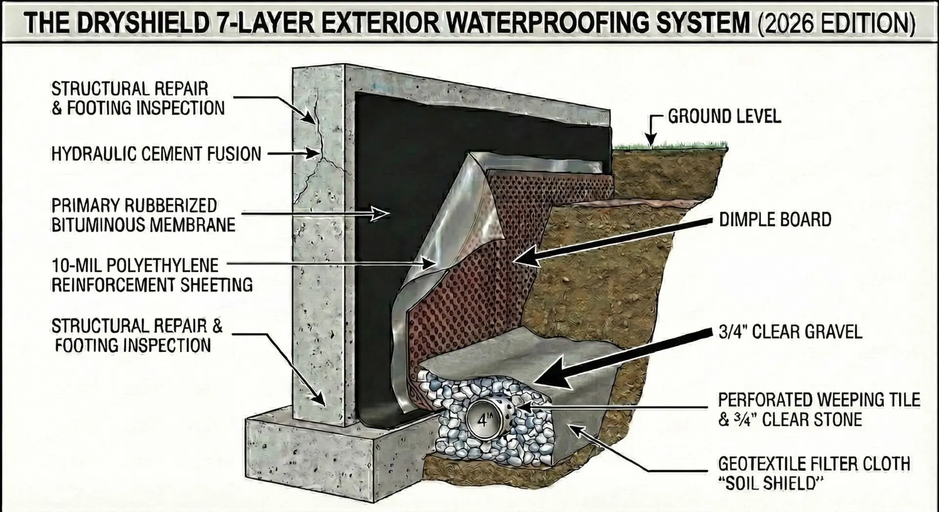 DryShield 7-layer exterior basement waterproofing system diagram showing rubberized membrane, dimple board, new weeping tile, and clear stone drainage